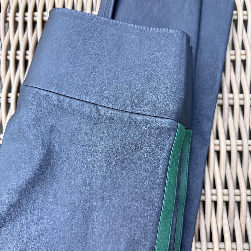 SPRWMN navy blue leather ankle legging pants with green stripe
